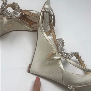 badgley mischka feather crystal embellished wedge sandal